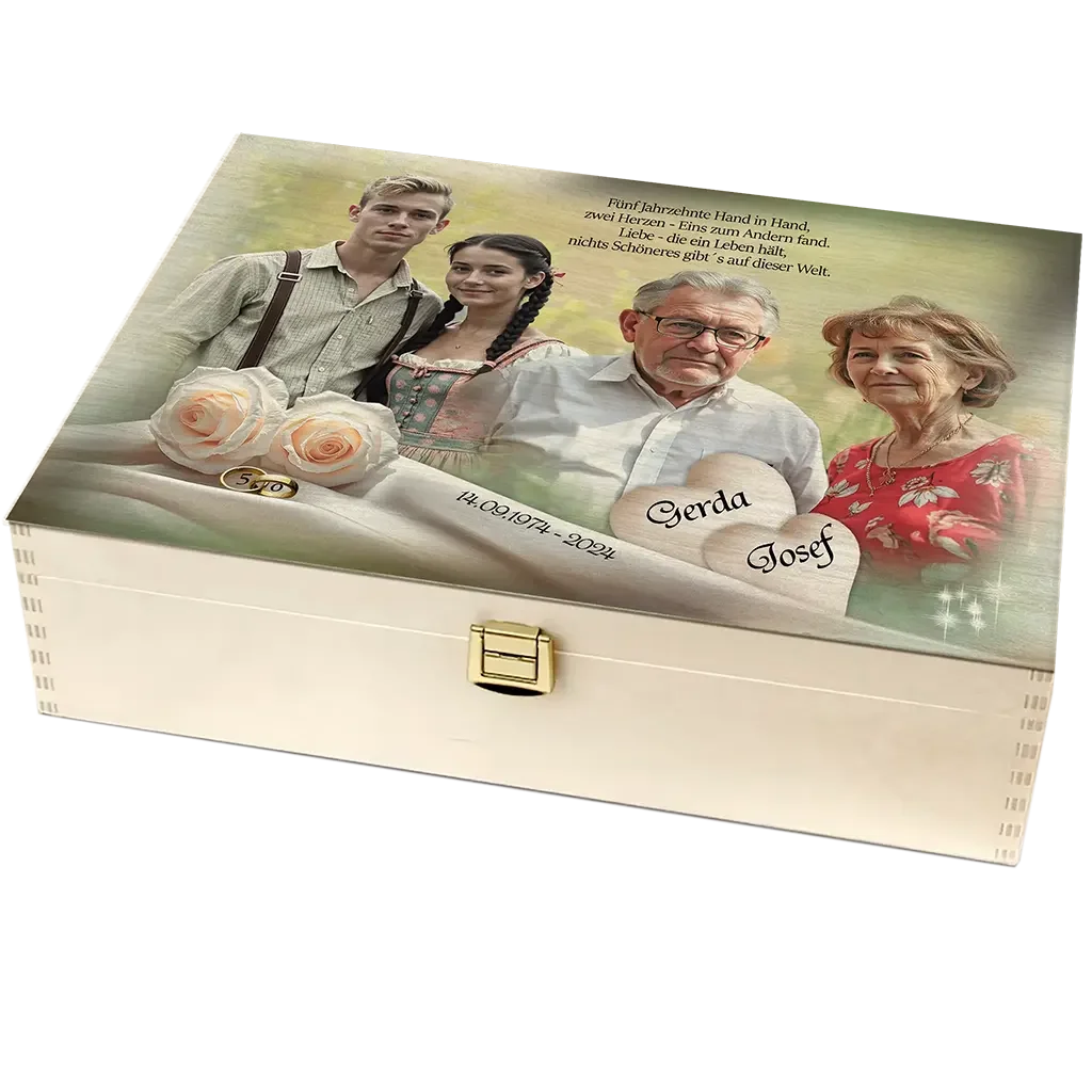 Personalisierte Holzbox Goldhochzeit mit Foto, Rosen, Namen Gerda Josef und Jahreszahlen.