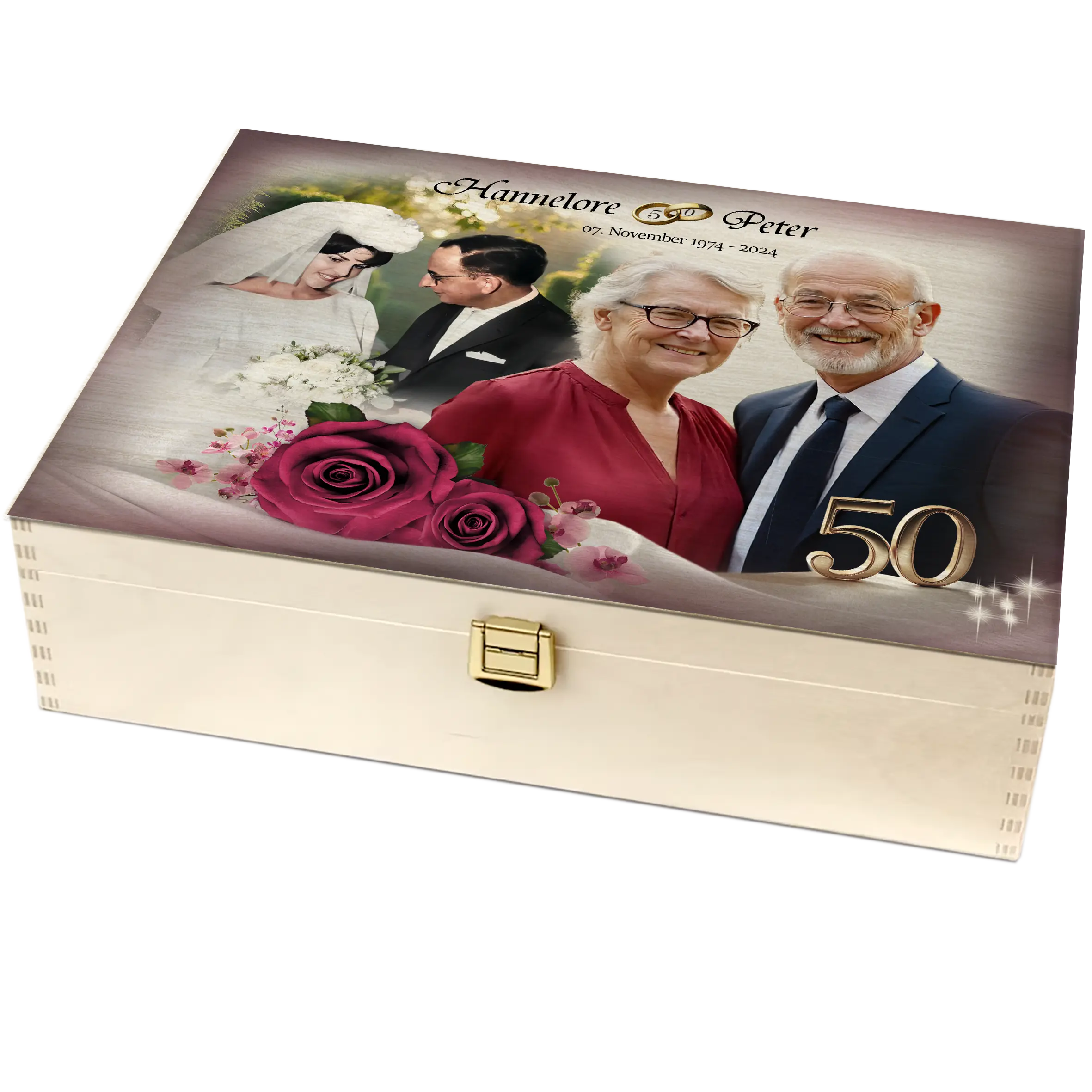 Geschenkbox zur Goldenen Hochzeit aus edlem Holz mit persönlichen Fotos