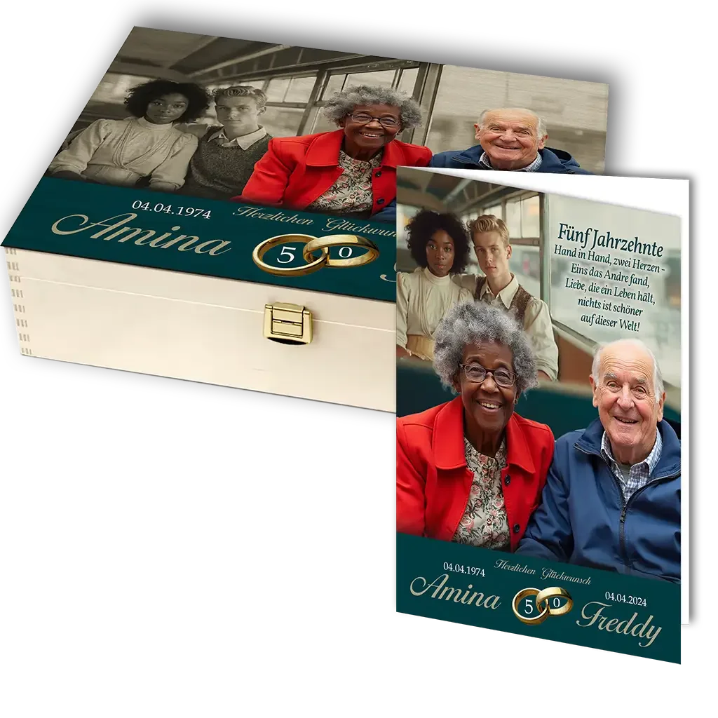 Goldhochzeit Holzbox und Karte mit Paarfotos, Eheringen und Jubiläumsdatum dekoriert.