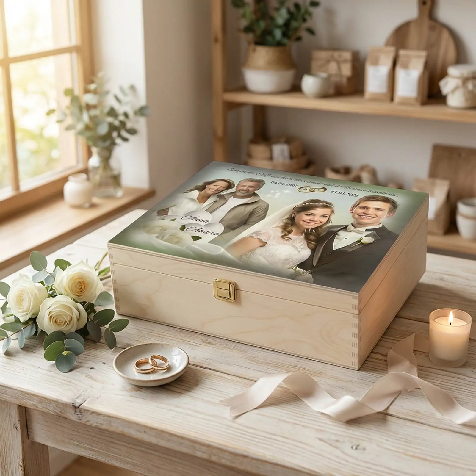 Personalisierte Holzbox Silberhochzeit mit Fotos von Paar und Brautpaar, Namen und Datum