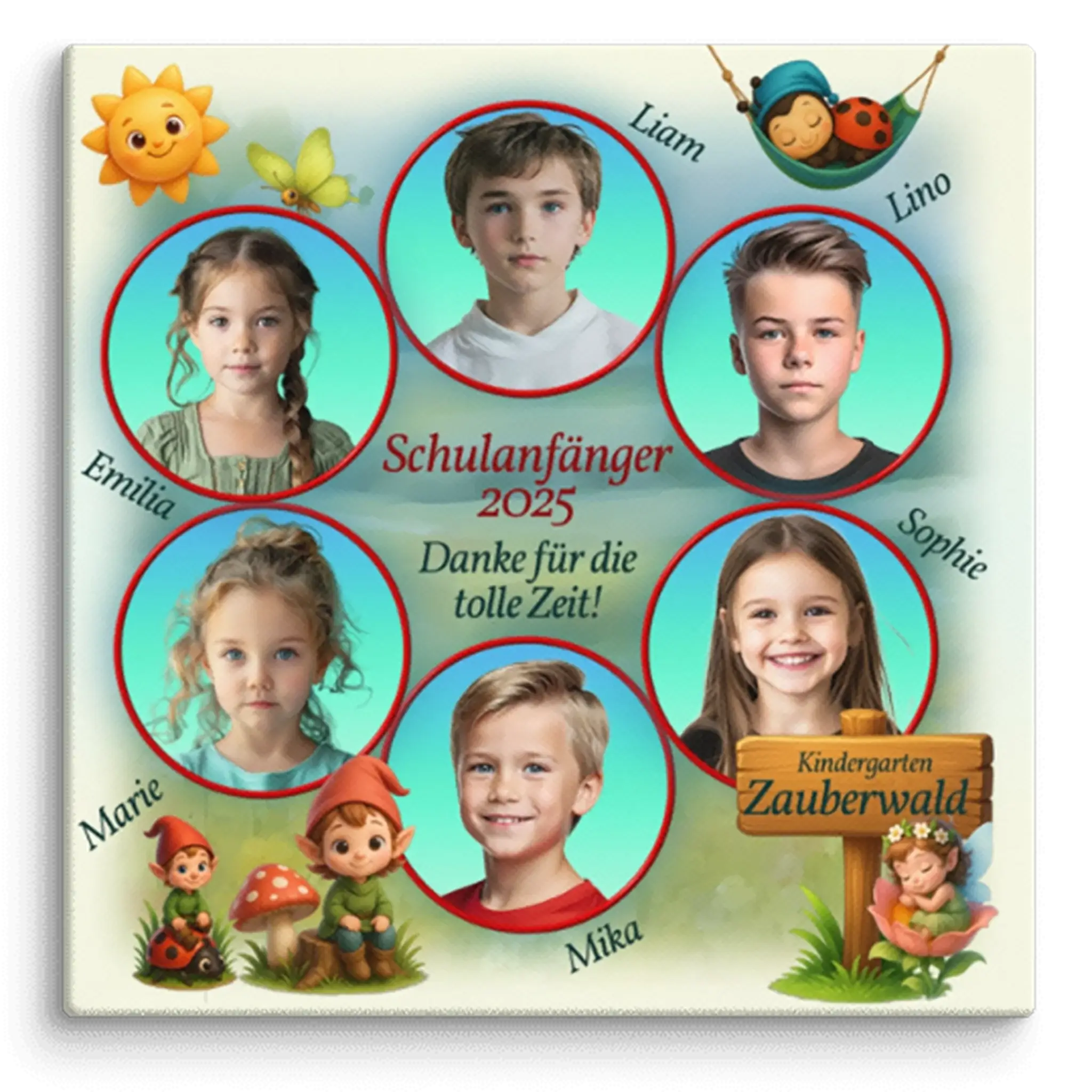 Personalisierte Leinwand Zauberwald mit Kinderfotos zum Kindergartenabschied