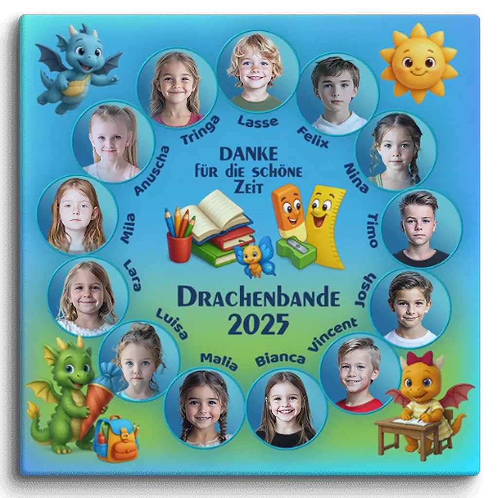 Fantasievoll gefertigte Leinwand zum Thema Drachenbande mit Tiermotiven und Kinderbildern