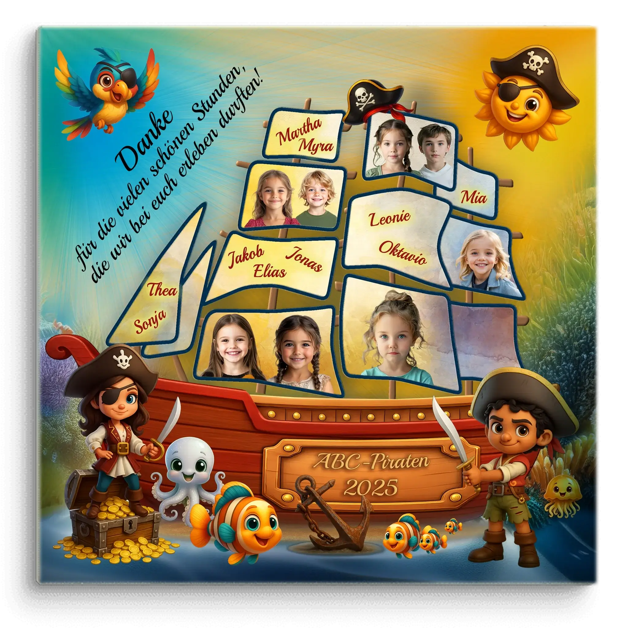 Fantisievolle Leinwand zum Thema Piraten mit Kinderfotos zum Kindergartenabschied