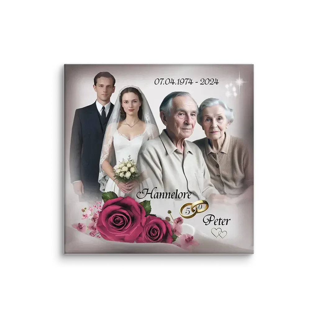 Leinwand Goldhochzeit personalisiert, Porträt älteres Ehepaar, Hochzeitsfoto, rote Rosen, Hannelore Peter, Jubiläum 50 Jahre