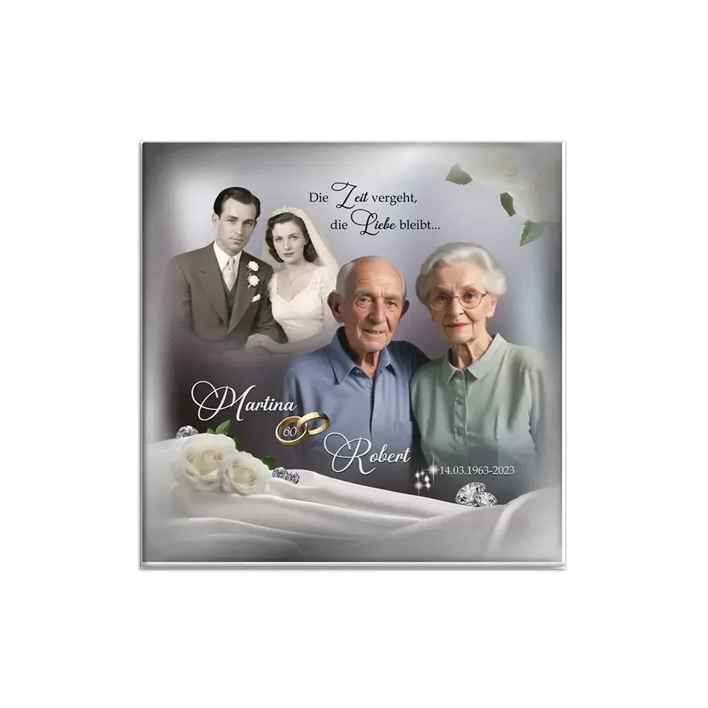 Leinwand Goldhochzeit, älteres Ehepaar mit Hochzeitsfoto, Ringen, Rosen, Jubiläum 60 Jahre