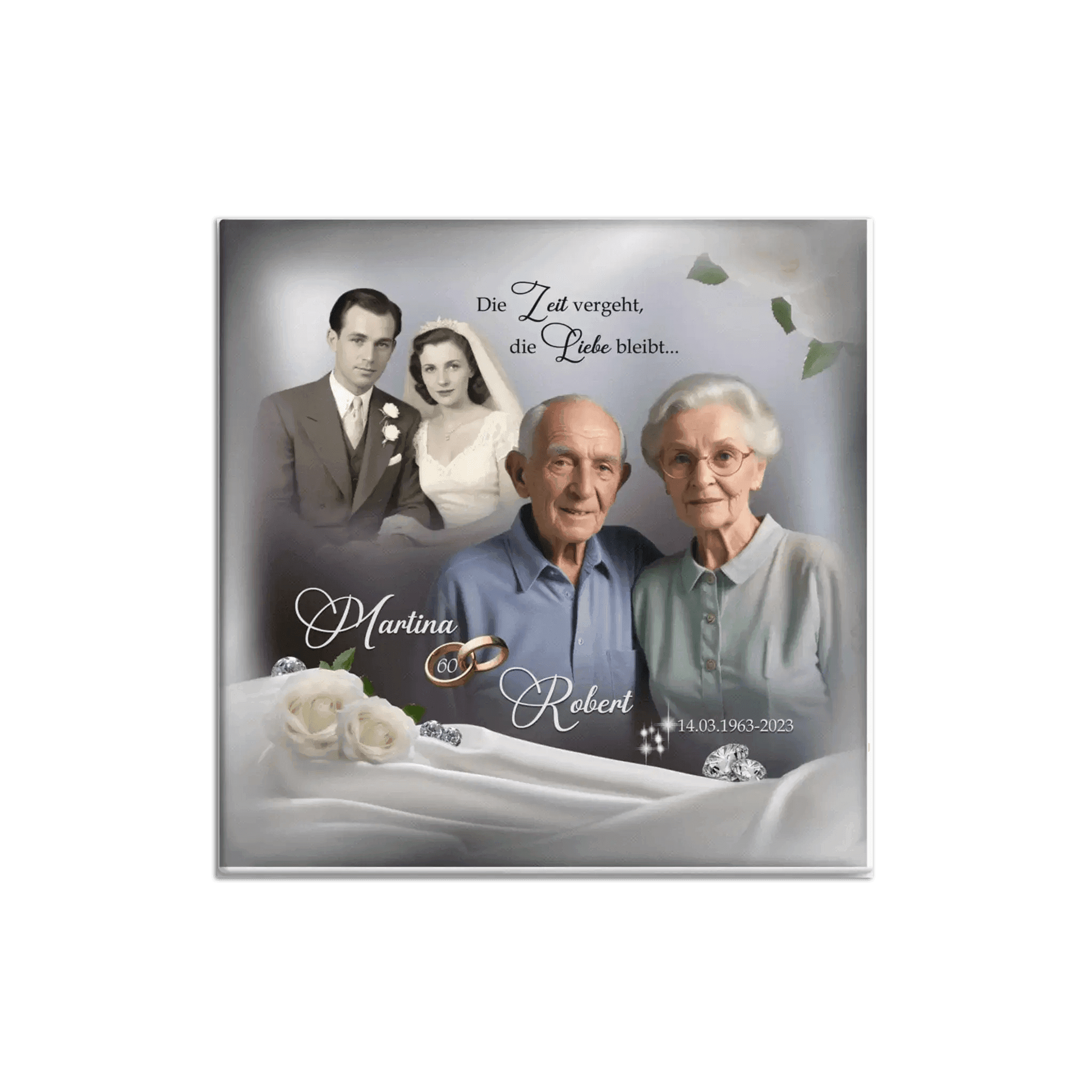 Foto von der Hochzeit vor 60 Jahren und Foto von heute - als Geschenk zum 60. Hochzeitstag