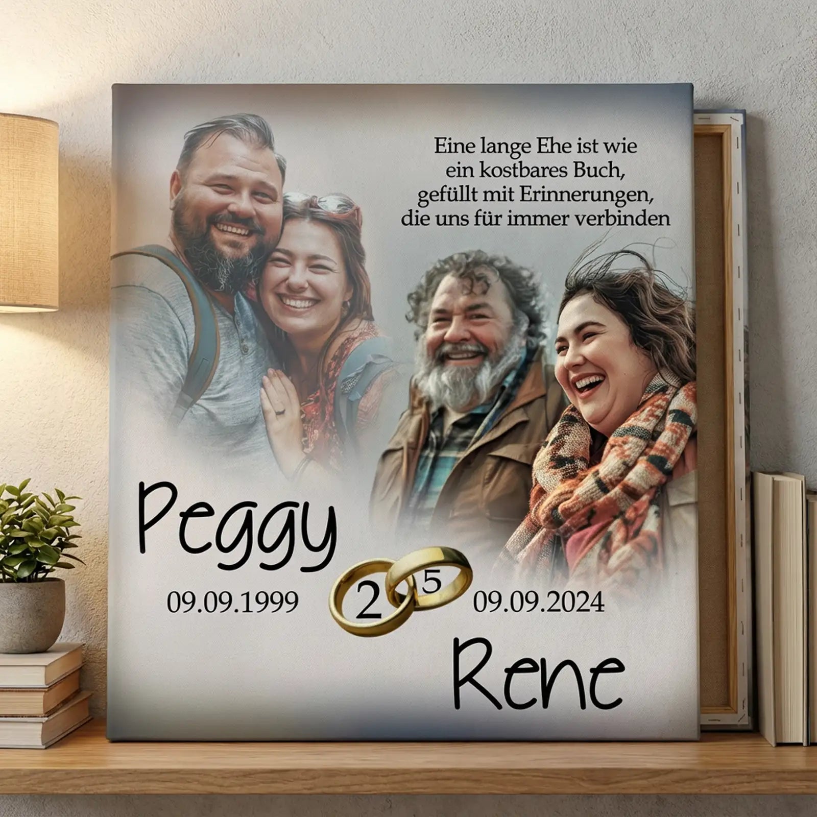 Leinwand Silberhochzeit mit Paar, Hochzeitsfoto, Ringen und Blumen, personalisiert mit Namen