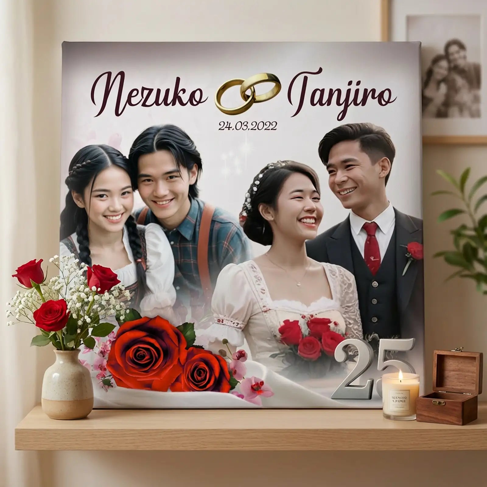 Leinwand Silberhochzeit mit Brautpaar, Familie, weißen Rosen und Eheringen als Geschenkidee