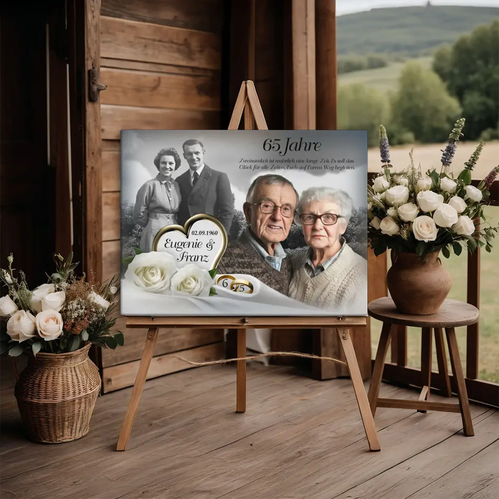 Leinwand zur eisernen Hochzeit mit Paarporträts, weißen Rosen und goldenen Ringen, rustikale Terrasse