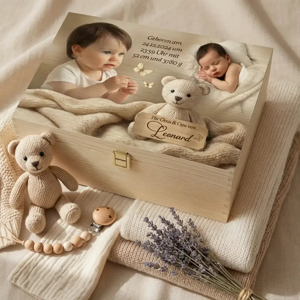 Holzbox für Oma und Opa. Geschenk von Baby Leonhard mit Geburtszeit und Daten. Bedruckt mit zwei Fotos und Daten
