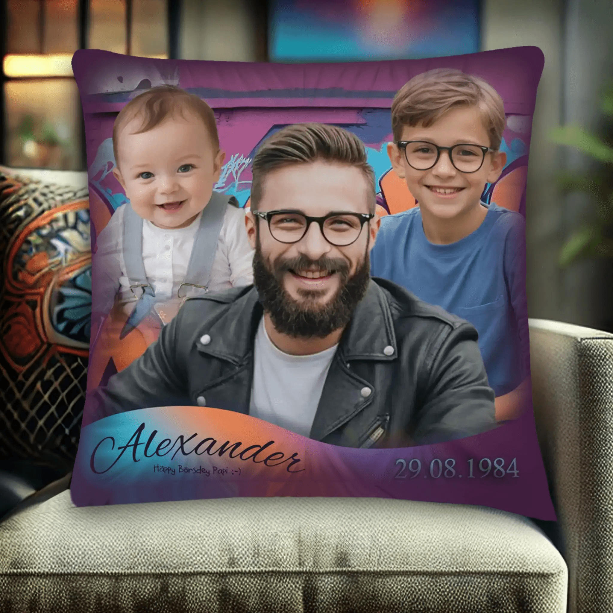 Mockup-Lustig bedrucktes Kissen zum Vatertag mit personalisierten Fotos und Text, ideal als einzigartiges Geschenk für den besten Vater