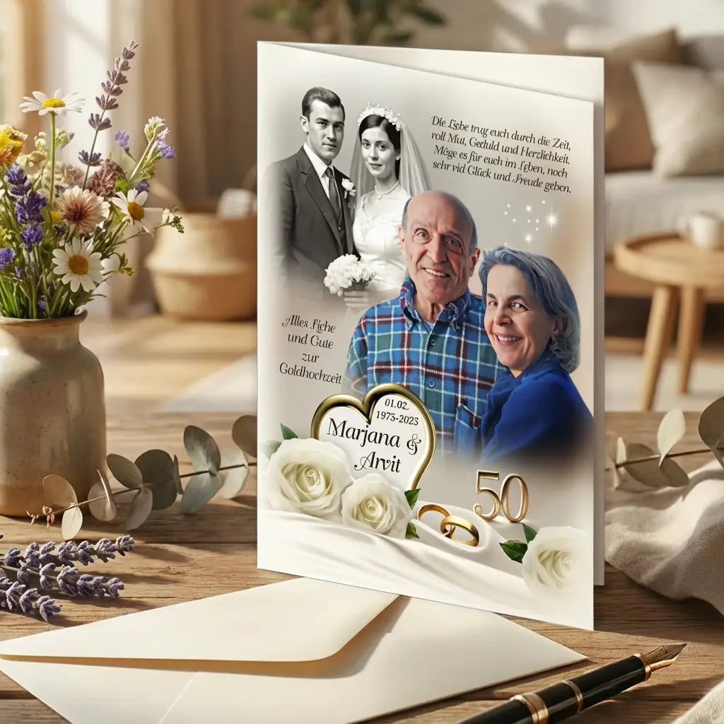 Personalisierte Goldene Hochzeit Karte mit zwei Paarfotos – altes Hochzeitsfoto in Schwarz-Weiß und aktuelles Bild, Namen Marjana & Arvit, Datum 1975–2025, weißen Rosen und goldener 50 im eleganten Weiß-Gold-Design