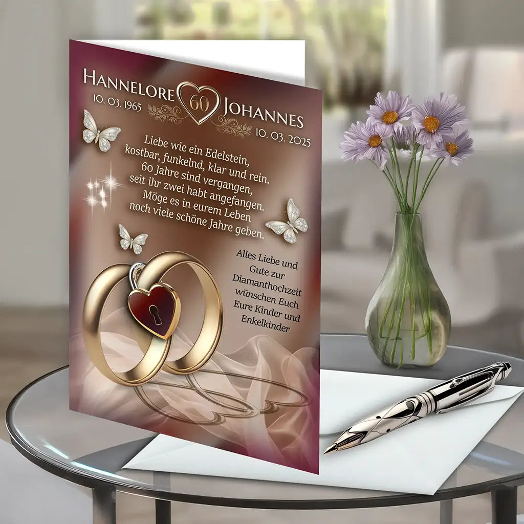 Diamantene Hochzeit Karte mit goldenen Ringen, Schmetterlingen auf Glastisch, Vase mit Blumen