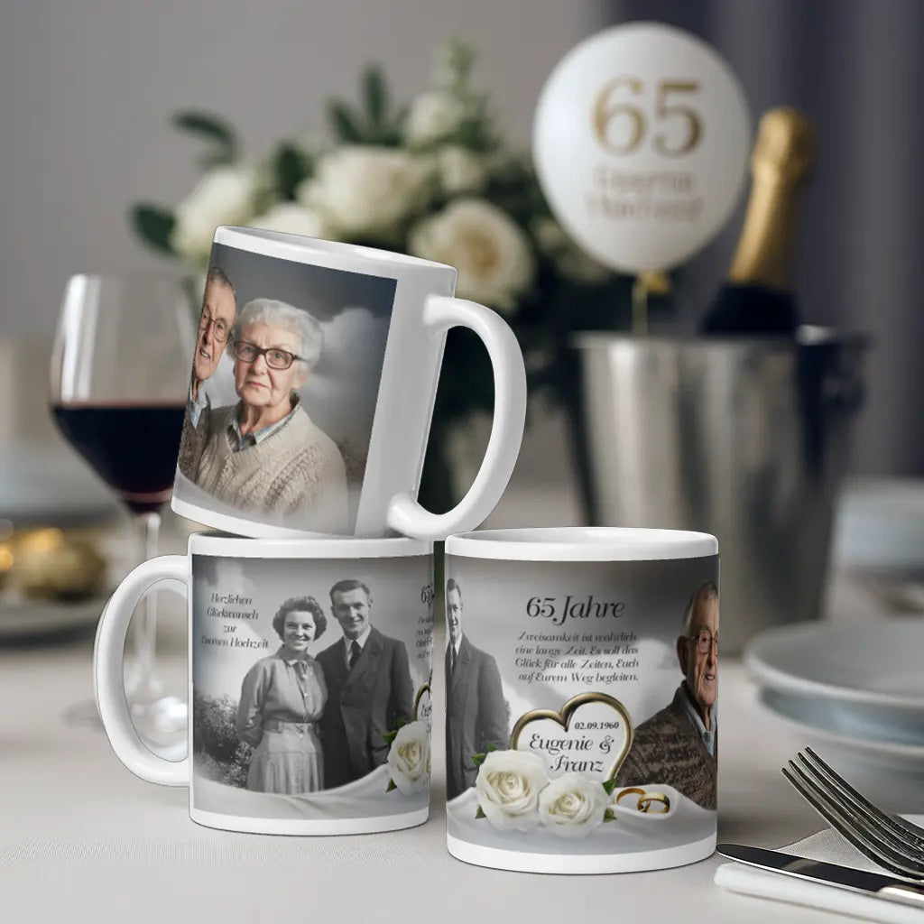 Tasse zur Eisernen Hochzeit mit Foto und Namen personalisiert