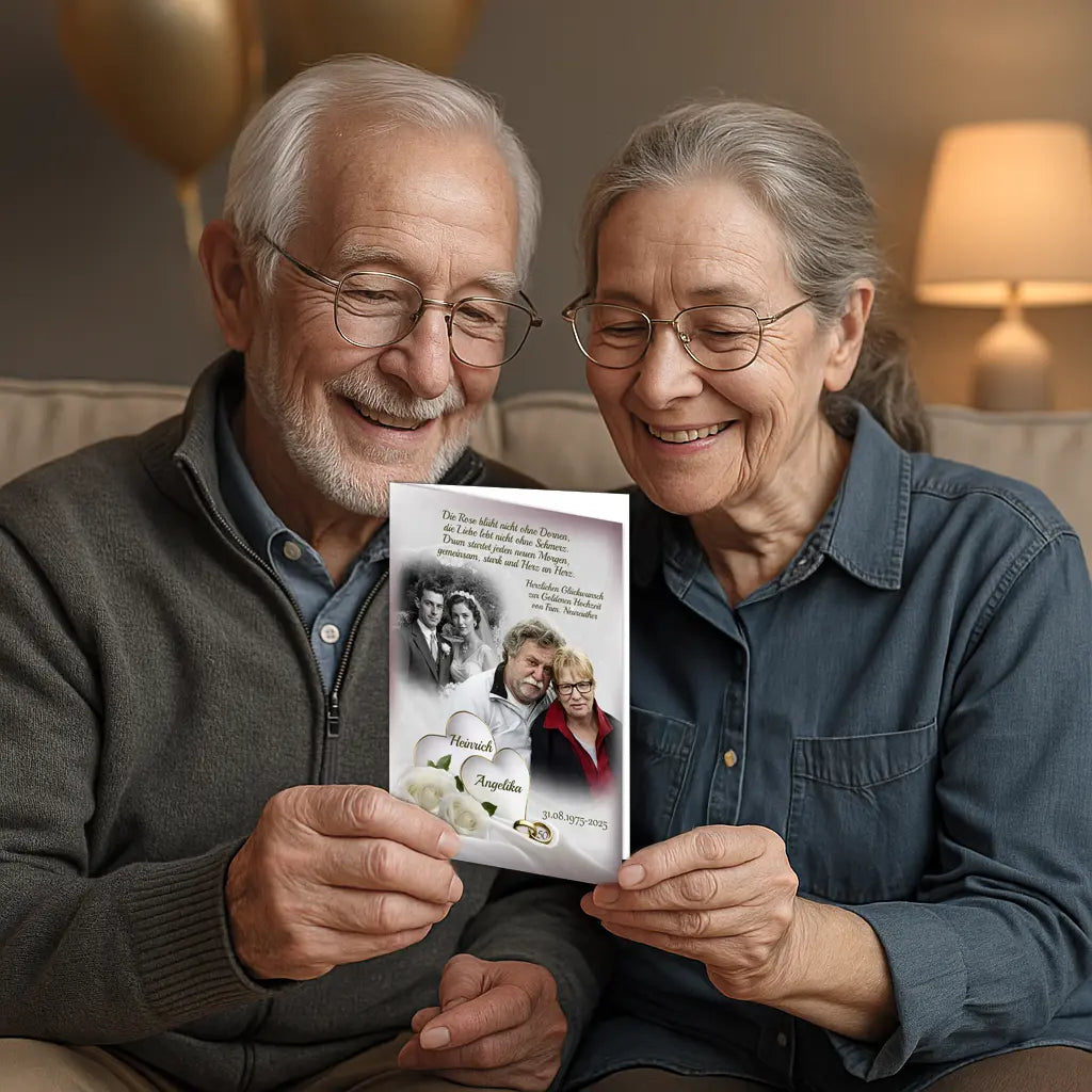 Älteres Ehepaar hält eine personalisierte Karte zur Goldenen Hochzeit mit zwei Fotos in den Händen und freut sich darüber – emotionales Beispielbild zur Verwendung des Jubiläumsgeschenks