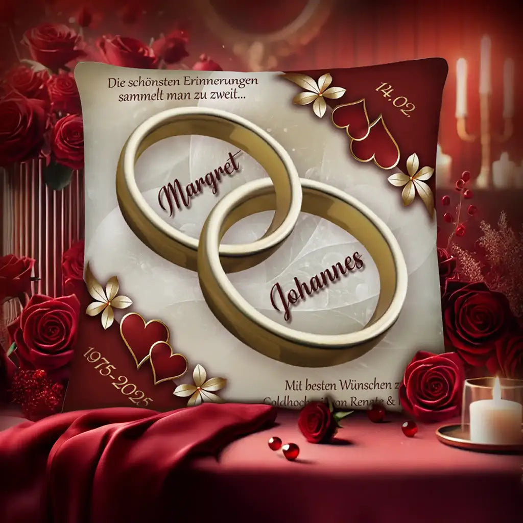 Kissen zur Goldhochzeit mit goldenen Ringen, roten Rosen und romantischer Dekoration.