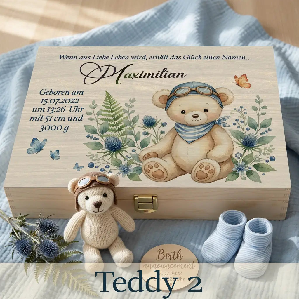 Personalisierte Holzbox Baby Junge mit Teddybär, Sonne, Ballons und Geburtsdaten