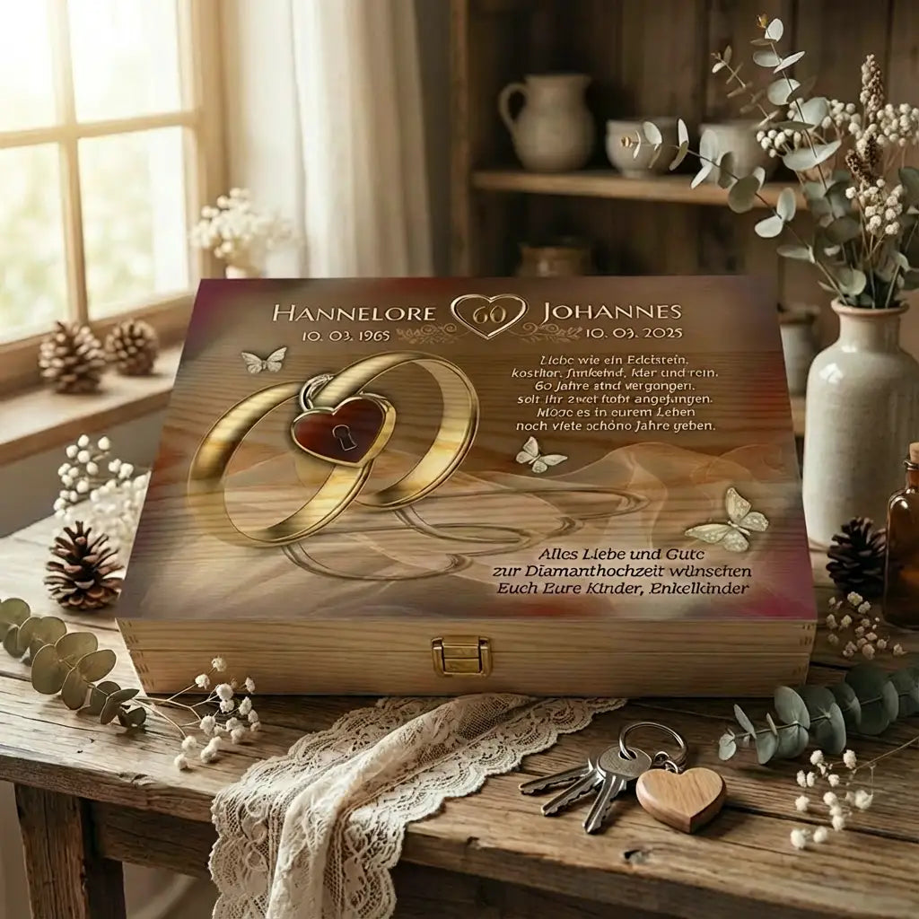 Holzbox zur Diamanthochzeit mit goldenen Ringen, Schmetterlingen und persönlicher Gravur