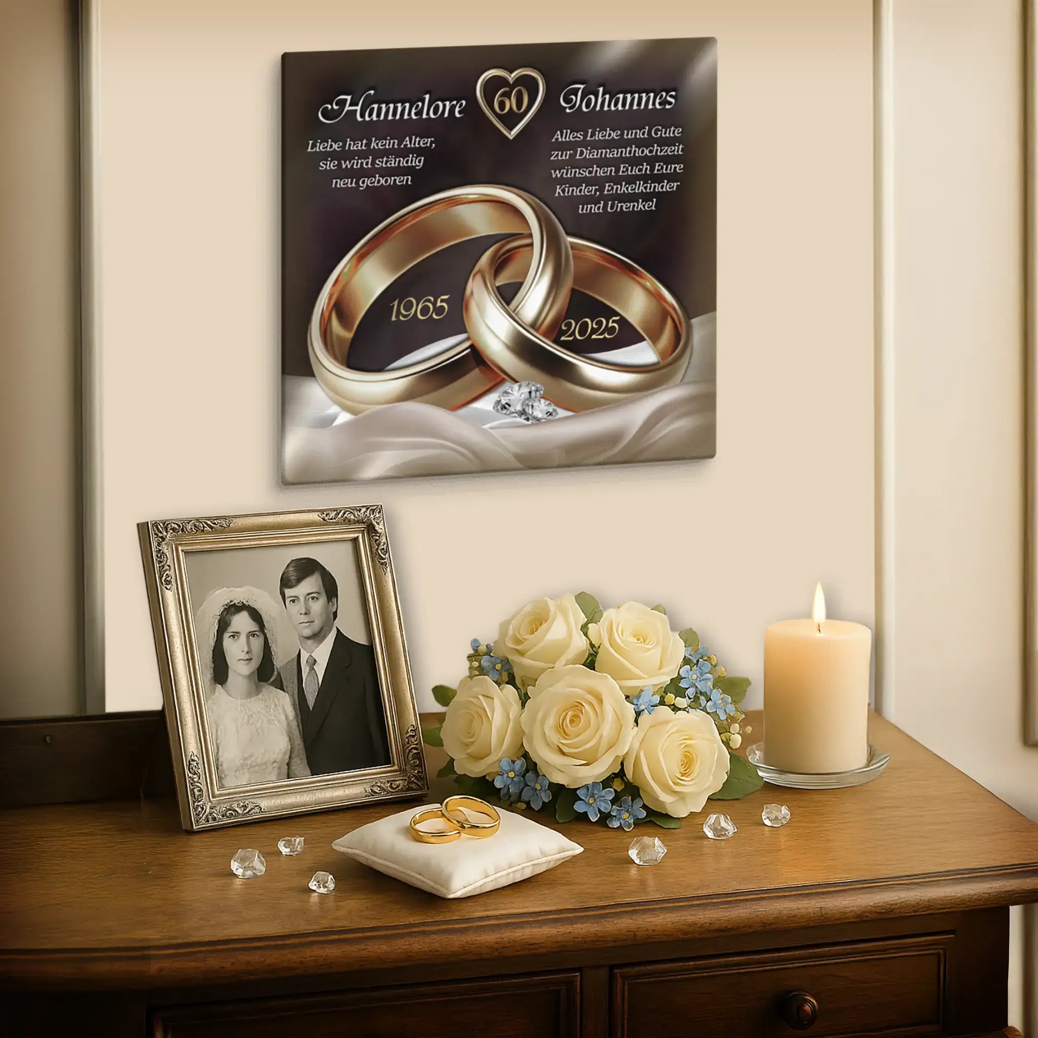 Mockup Geschenkidee zur Diamanthochzeit – quadratisches Wandbild mit Motiv

