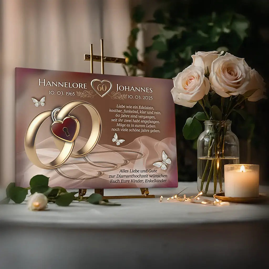 Personalisierte Leinwand zur Diamanthochzeit mit goldenen Ringen, Rosen und Kerze dekoriert