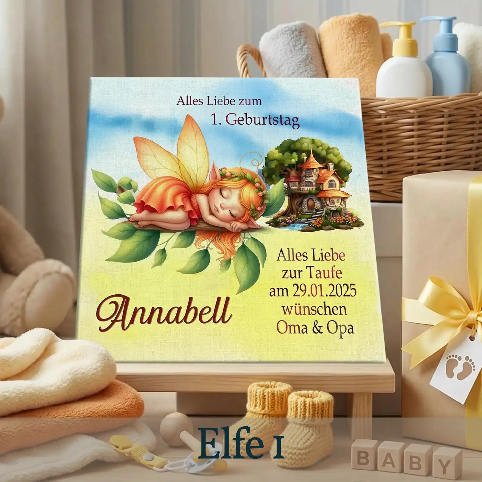 Personalisierte Leinwand mit schlafender Elfe, Baumhaus, Name Selina, Taufgeschenk, Kinderzimmer