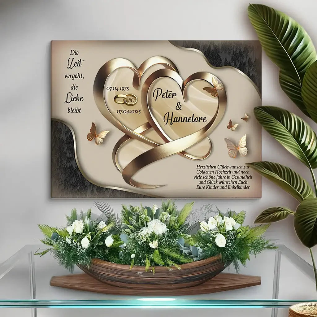 Leinwand Silberhochzeit mit goldenen Herzen, Schmetterlingen und Blumengesteck, personalisiert