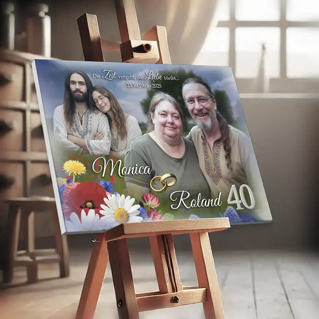 Personalisierte Fotoleinwand zur Rubinhochzeit (40 Jahre Ehe), präsentiert auf einer hölzernen Staffelei. Die Leinwand zeigt zwei Fotos desselben Ehepaares: links das Paar in jungen Jahren, rechts das Paar im heutigen Alter. In der Mitte befinden sich florale Motive mit bunten Blumen, zwei goldene Eheringe sowie die Namen „Monica“ und „Roland“. Die Zahl 40 ist gut sichtbar. Oberhalb steht der Text „Die Zeit vergeht, die Liebe bleibt“ mit dem Zeitraum 1985–2025. Die Szene ist in einem hellen Wohnraum mit Fen