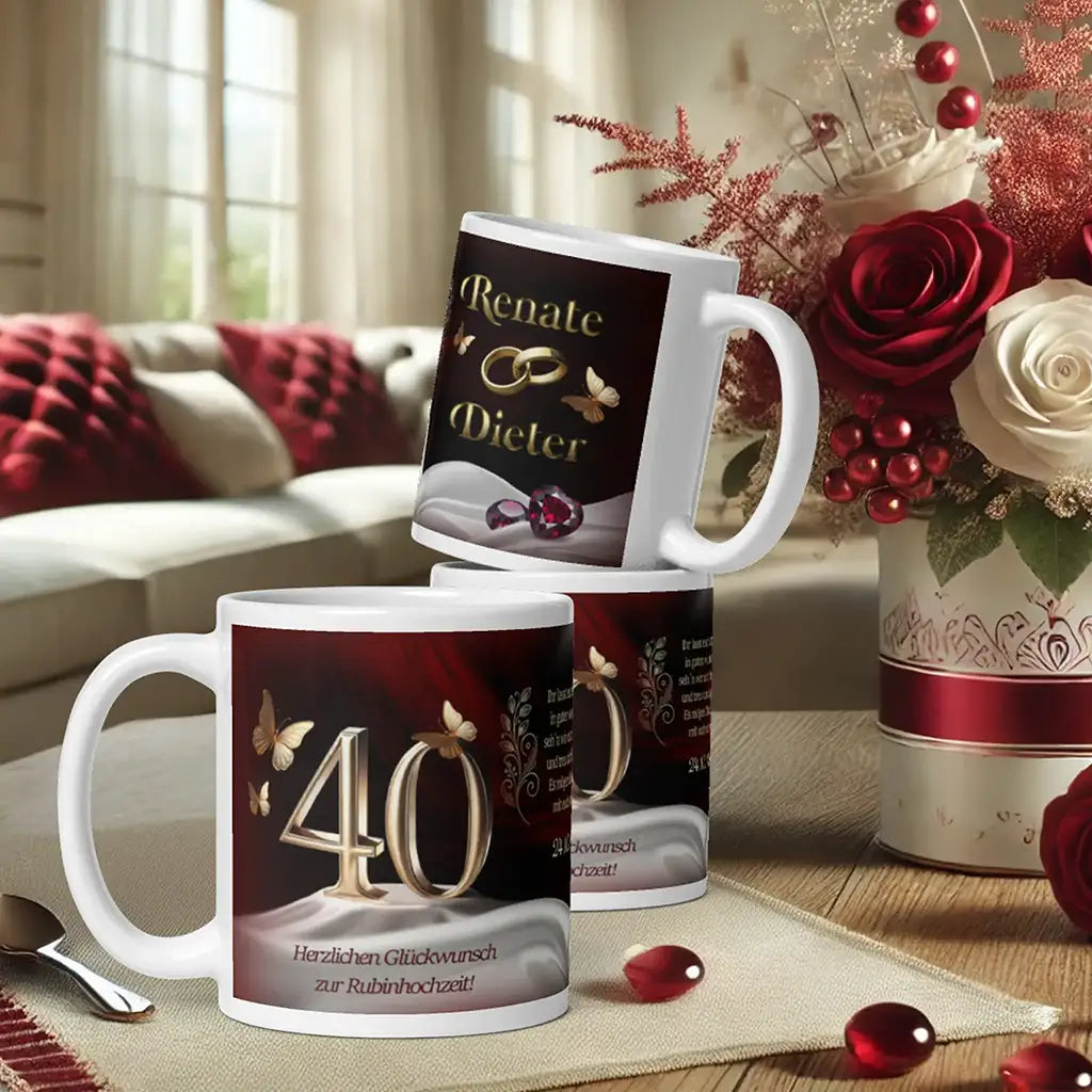 Rubinhochzeit Tassen mit 40 Jahren Motiv, Namensaufdruck, Blumen und Sofa im Wohnzimmer