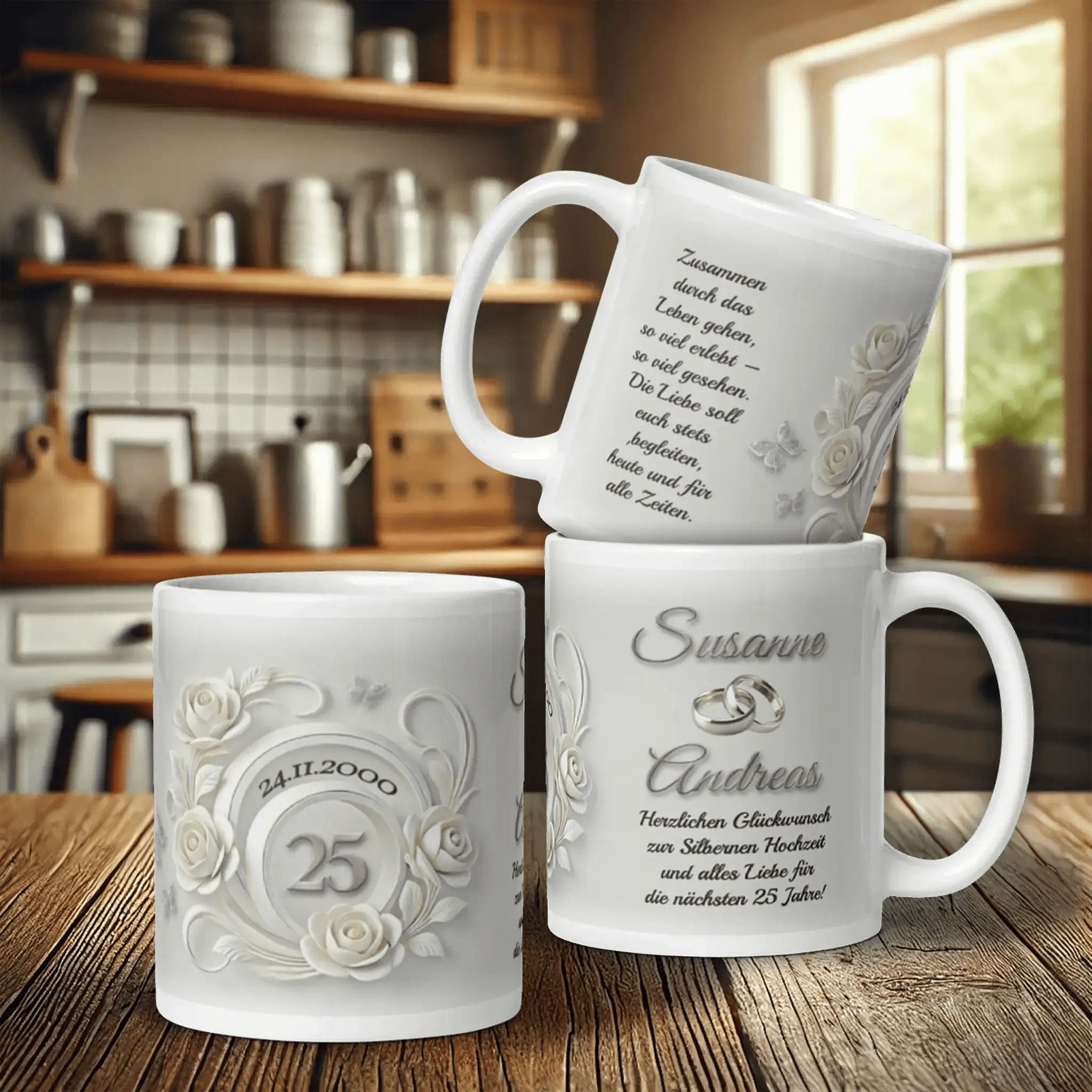 Personalisierte Tasse zur Silberhochzeit mit Namen und Datum