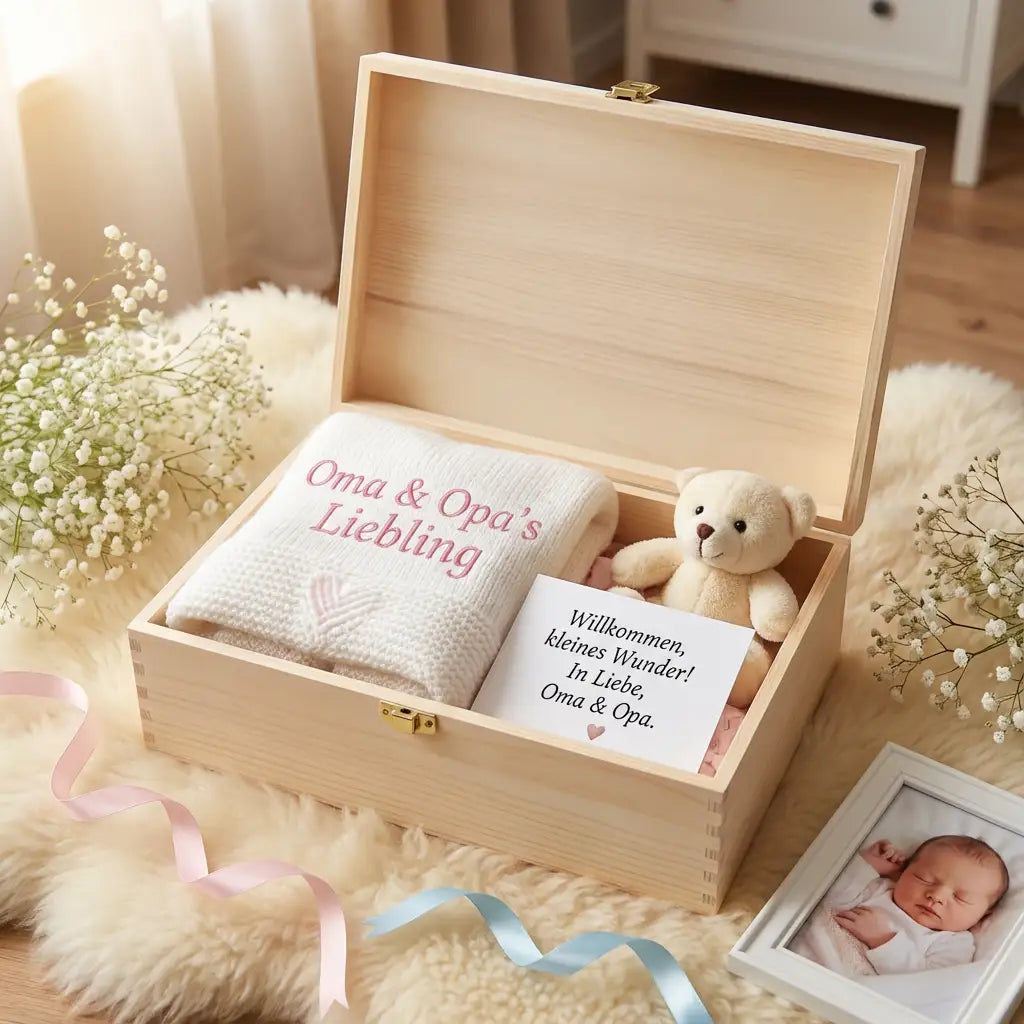 Vorschaubild einer geöffneten Holzbox mit Geschenken für ein Baby. Kleiner Teddybär und eine weiße Kuscheldecke mit Text Oma und Opas Liebling