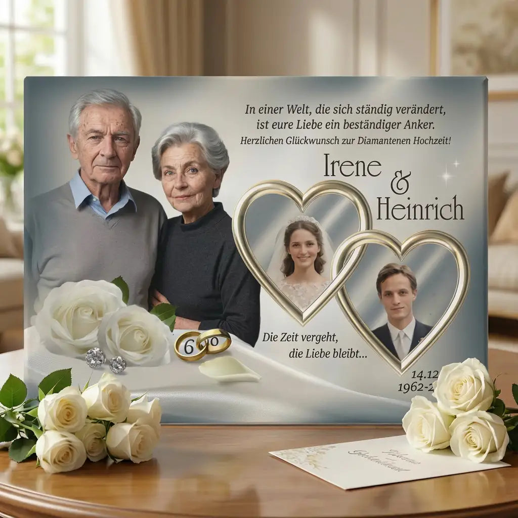 Diamanthochzeitbild auf Leinwand - Mockup mit einem aktuellen Foto des Paares und jeweils ein Portrait in einem goldenen Herzen