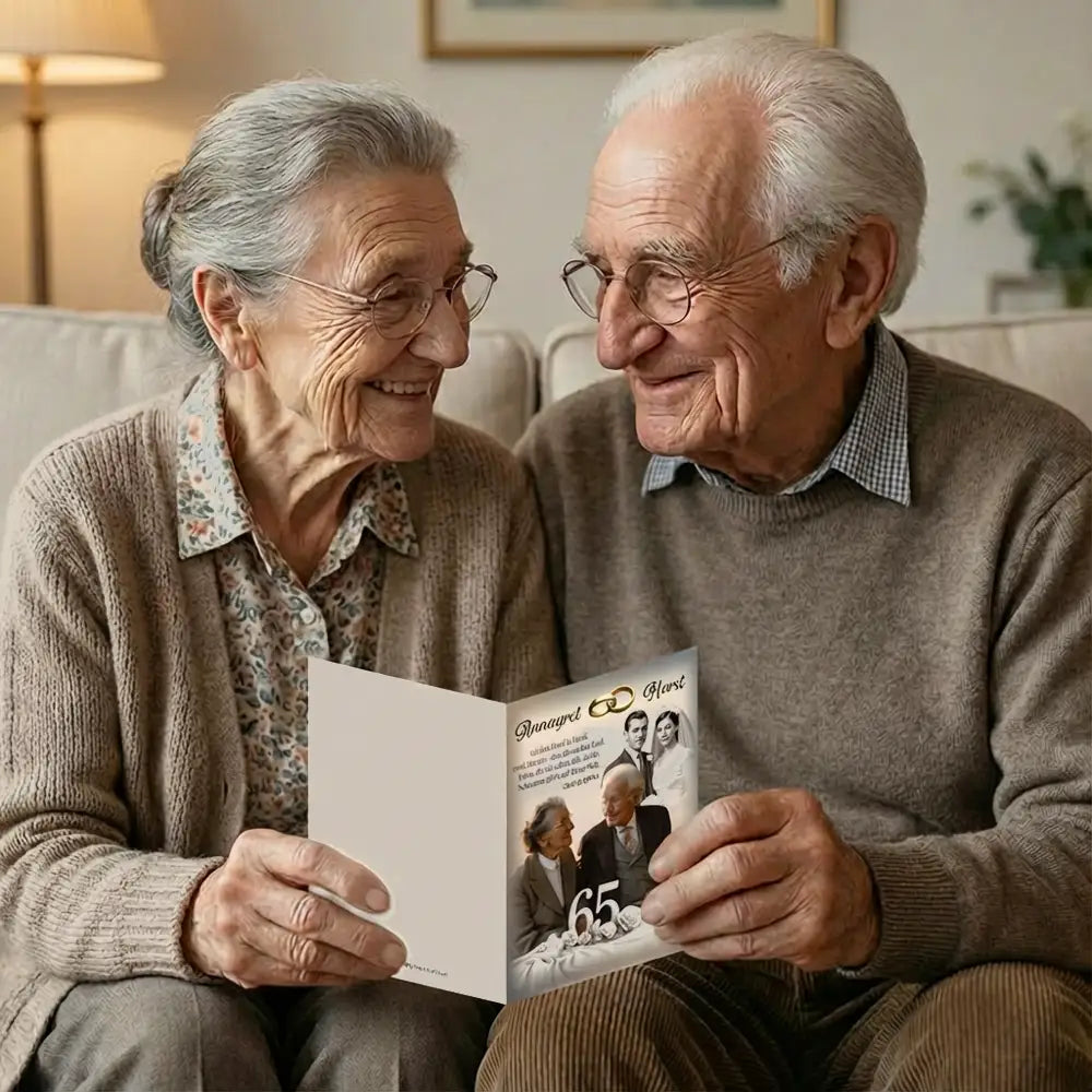 Älteres Ehepaar sitzt auf Sofa und hält eiserne Hochzeit Karte mit goldenen Ringen, Jubiläum