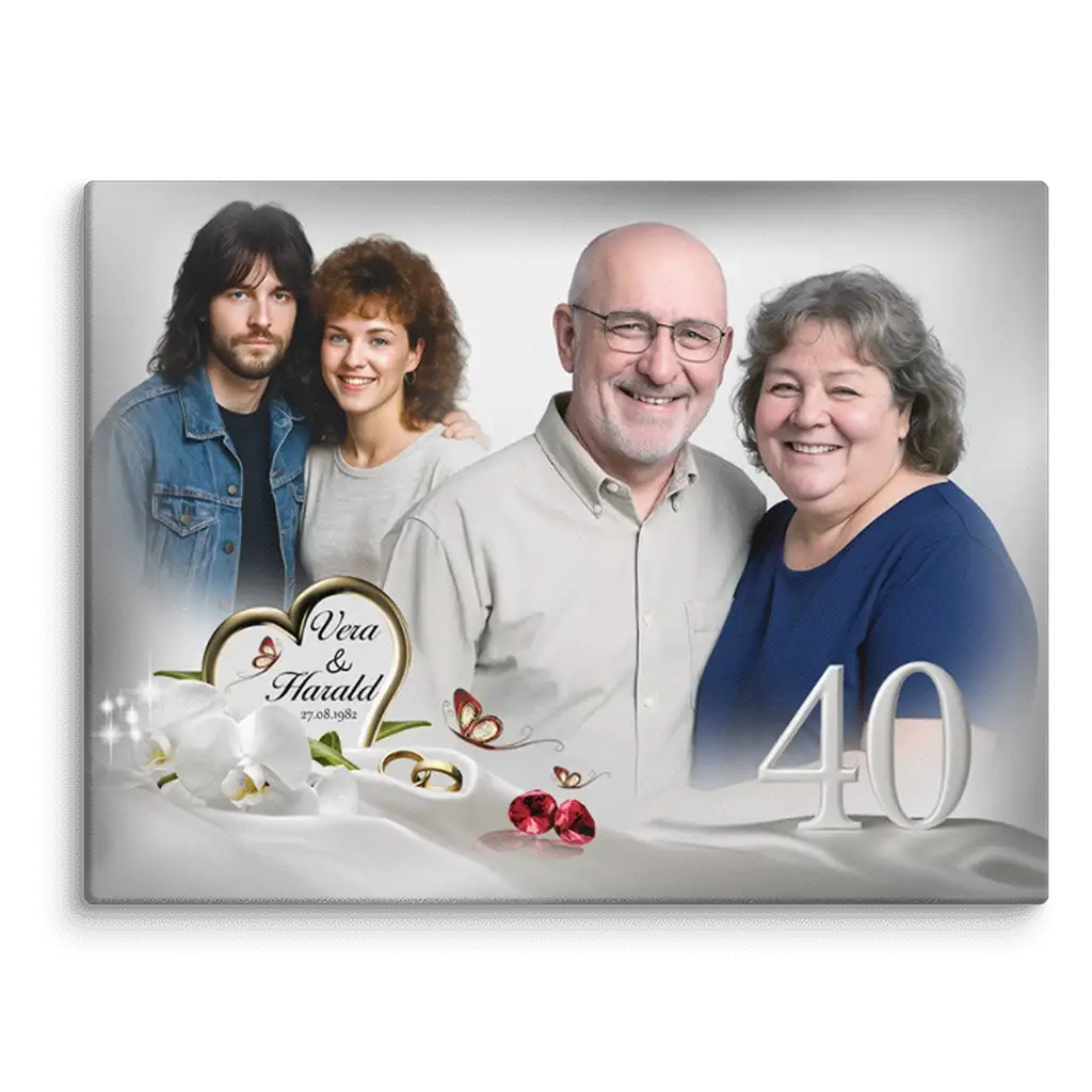 Personalisierte Leinwand zur 40. Hochzeitstag, vier Menschen, Namen, Ringe und Orchideen