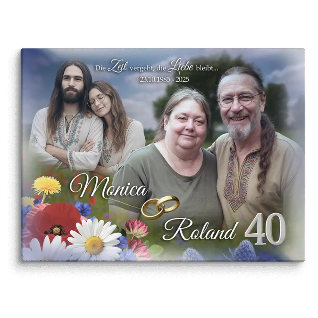 Personalisierte Leinwand zum 40. Hochzeitstag mit Paar, Blumen, Goldringen und Datum.