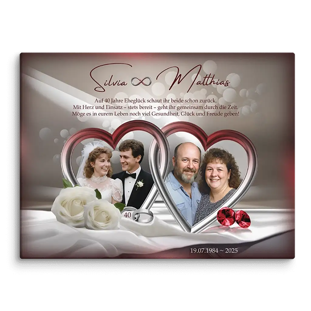 Personalisierte Leinwand zur Rubinhochzeit mit Hochzeits- und aktuellem Paarfoto, Herzen, Rosen, Ringen, Gravur 40 Jahre Ehe, Namen Silvia und Matthias, Jubiläum 1984-2025.