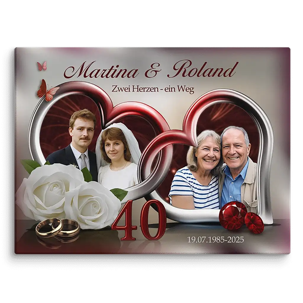 Personalisiertes Leinwandbild zur 40. Hochzeitstag, zwei Paarfotos, weiße Rosen, Eheringe