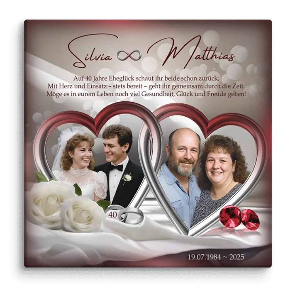 Personalisierte Leinwand zur Rubinhochzeit mit Herzen, Porträtfotos, weißen Rosen und Ringen