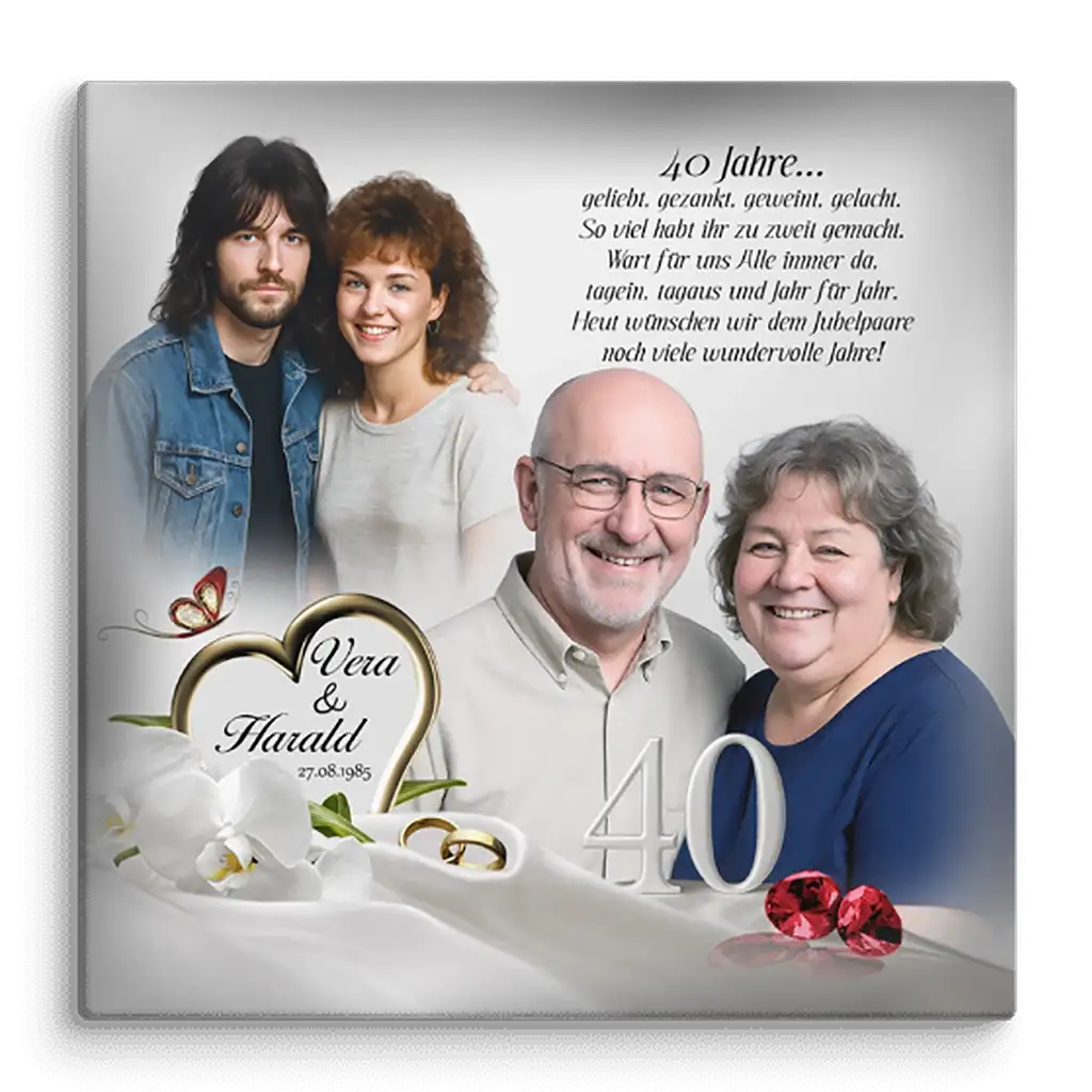 Leinwand 40-jähriges Ehejubiläum, Paar im jungen und älteren Alter, Orchideen, Goldringe, Herz, Rubine, „Vera & Harald“ und Zahl 40.