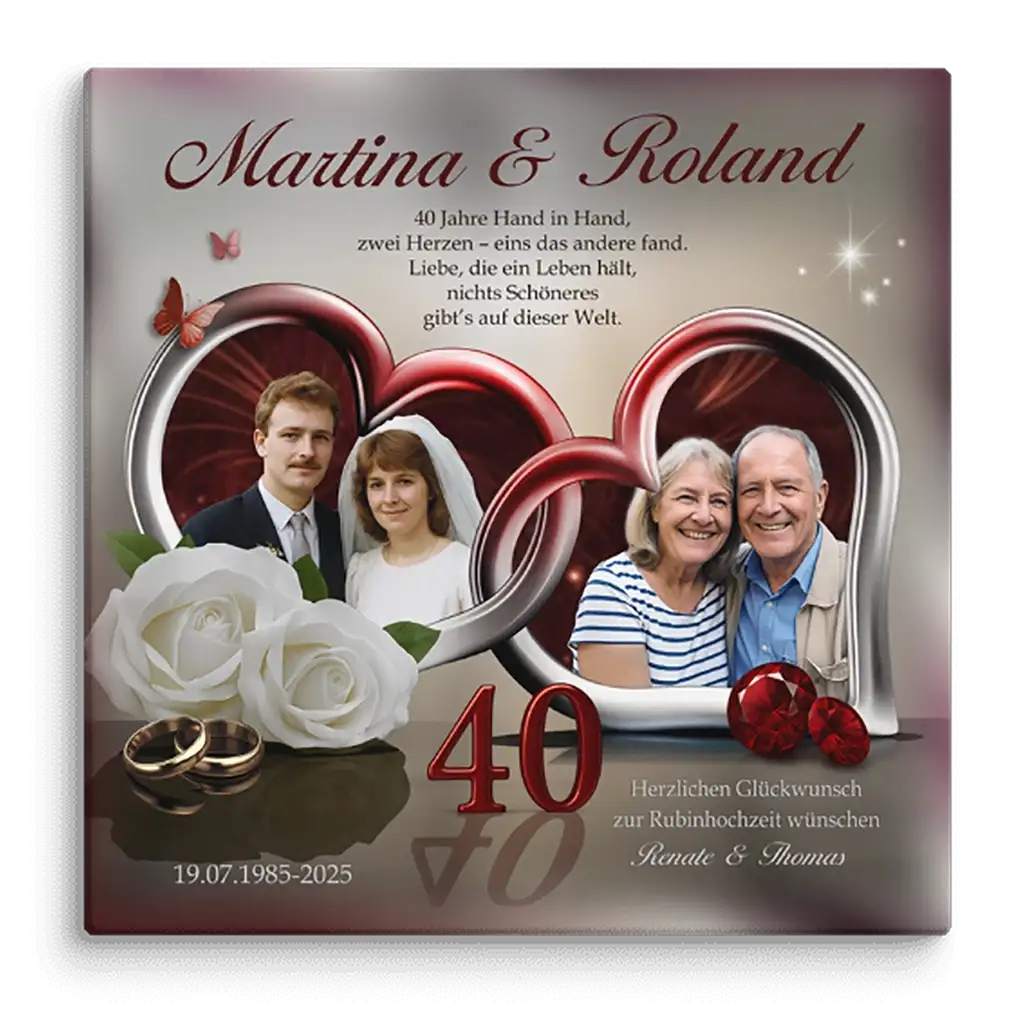 Leinwand zur Rubinhochzeit mit Paarfotos, weißen Rosen, Ringen und Rubinen, Jubiläum 40 Jahre