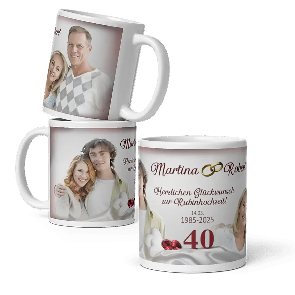 Personalisierte Fototassen zum 40. Hochzeitstag, Rubin Hochzeit, mit Ehepaar-Bildern und Datum