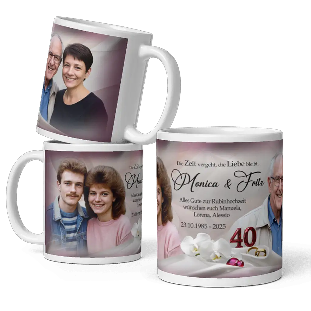 Personalisierte Fototasse zur Rubin Hochzeit mit Paarfotos, Namen, Datum und Jubiläumsdesign.