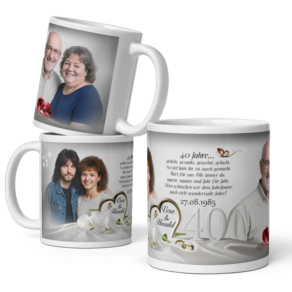 Personalisierte Fototasse zur Rubinhochzeit mit Paarfotos, Blumen, Herzen und Jubiläumsdatum