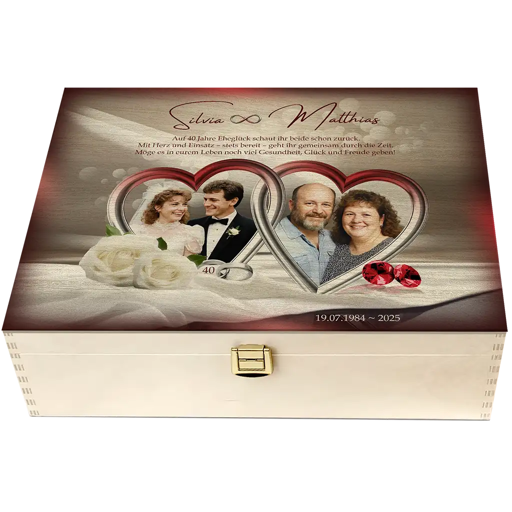 Personalisierte Holzbox zur Rubinhochzeit, mit Paarfotos, Rosen und Jubiläumsdaten dekoriert
