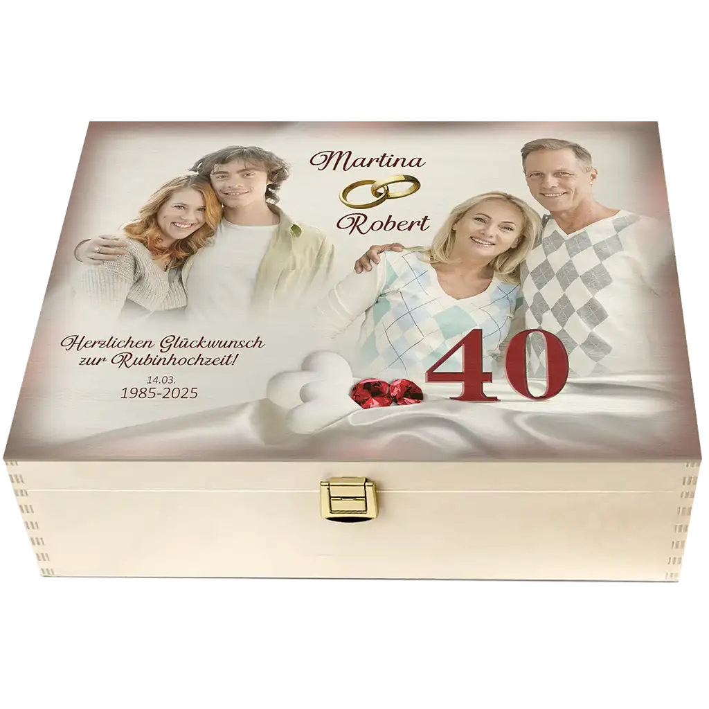 Personalisierte Holzbox zur Rubinhochzeit mit Familienfoto, Namen, 40 und roten Edelsteinen
