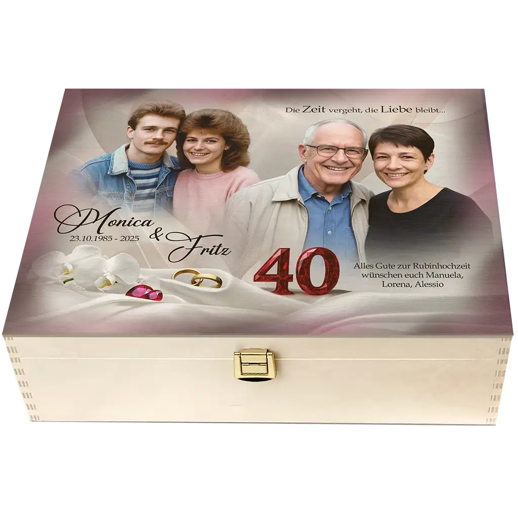 Personalisierte Holzbox zur 40. Rubin­hochzeit, bedruckt mit Fotos, Namen und Jubiläums­zahlen