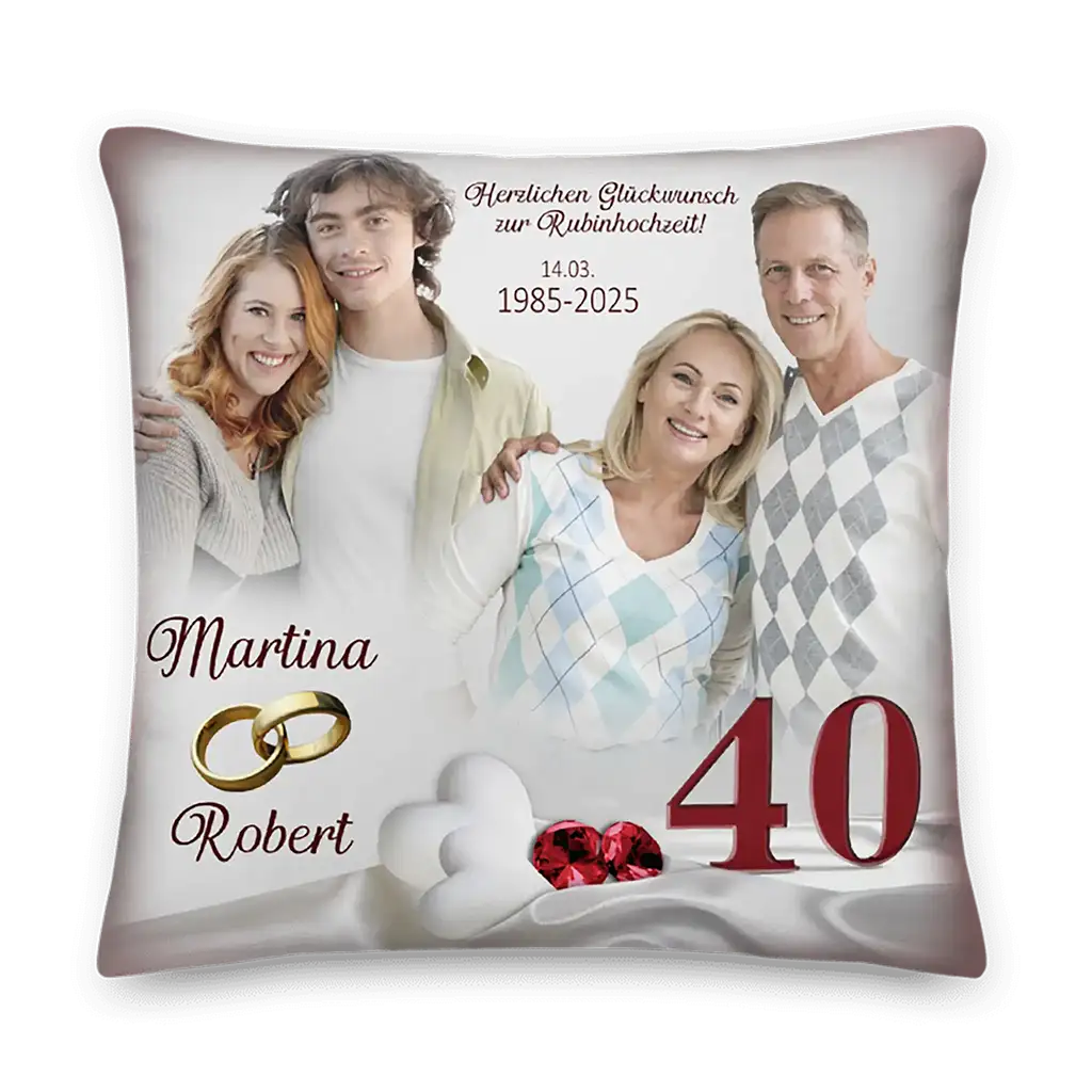 Personalisiertes Kissen zur Rubinhochzeit mit Familienfoto, Namen, Datum und Zahl 40