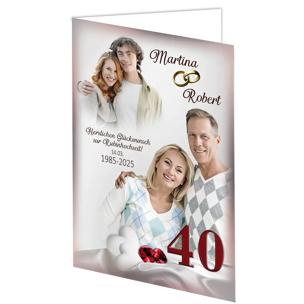 Rubinhochzeit Klappkarte mit Ehepaar, jungem Paar, roten Herzen und Zahl 40, Jubiläumskarte