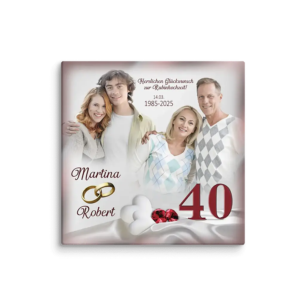 Familienfoto Leinwand zur Rubinhochzeit, 40 Jahre Ehe, Namen, Ringe und Herzen, personalisiert