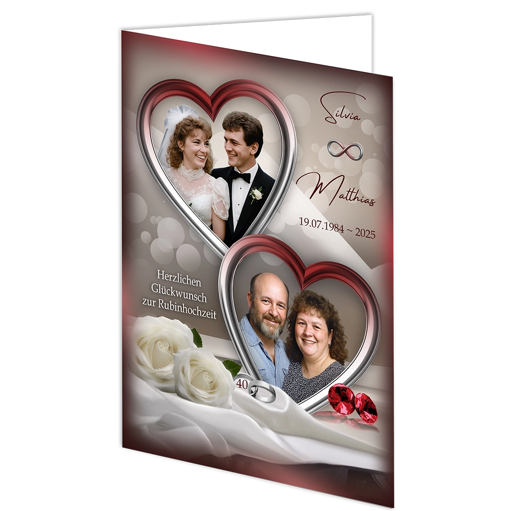 Rubinhochzeit Grußkarte mit Herzen, weißen Rosen, roten Rubinen und Paarfotos, Jubiläum 40 Jahre