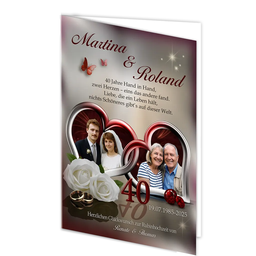 Klappkarte zur rubinroten Hochzeit mit älterem Paar, junges Paar, Orchideen, goldene Ringe und Zahl 40